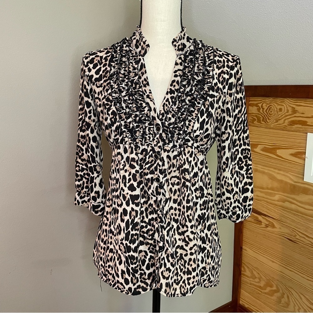 Love Haight Leopard Print Button Up Ruffle Front 3/4 Sleeve Top Small